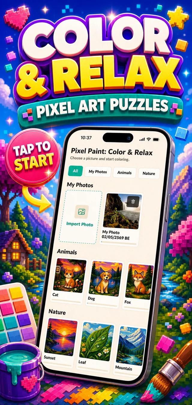 Pixel Paint gallery promo with pixel art puzzles