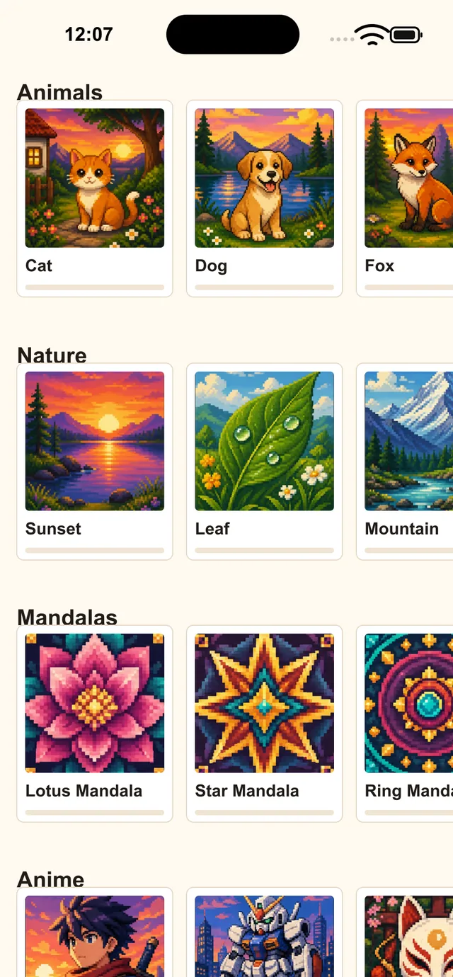 Pixel Paint gallery with Animals, Nature, Mandalas, and Anime pixel art puzzles